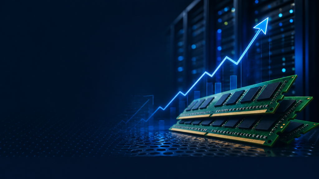 Stack of green RAM modules in a blue data-center setting with a neon upward-trending line, symbolizing memory growth.